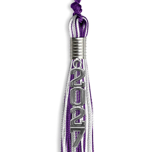 Purple/Silver/White Mixed Color Graduation Tassel With Silver Stacked Date Drop - Endea Graduation