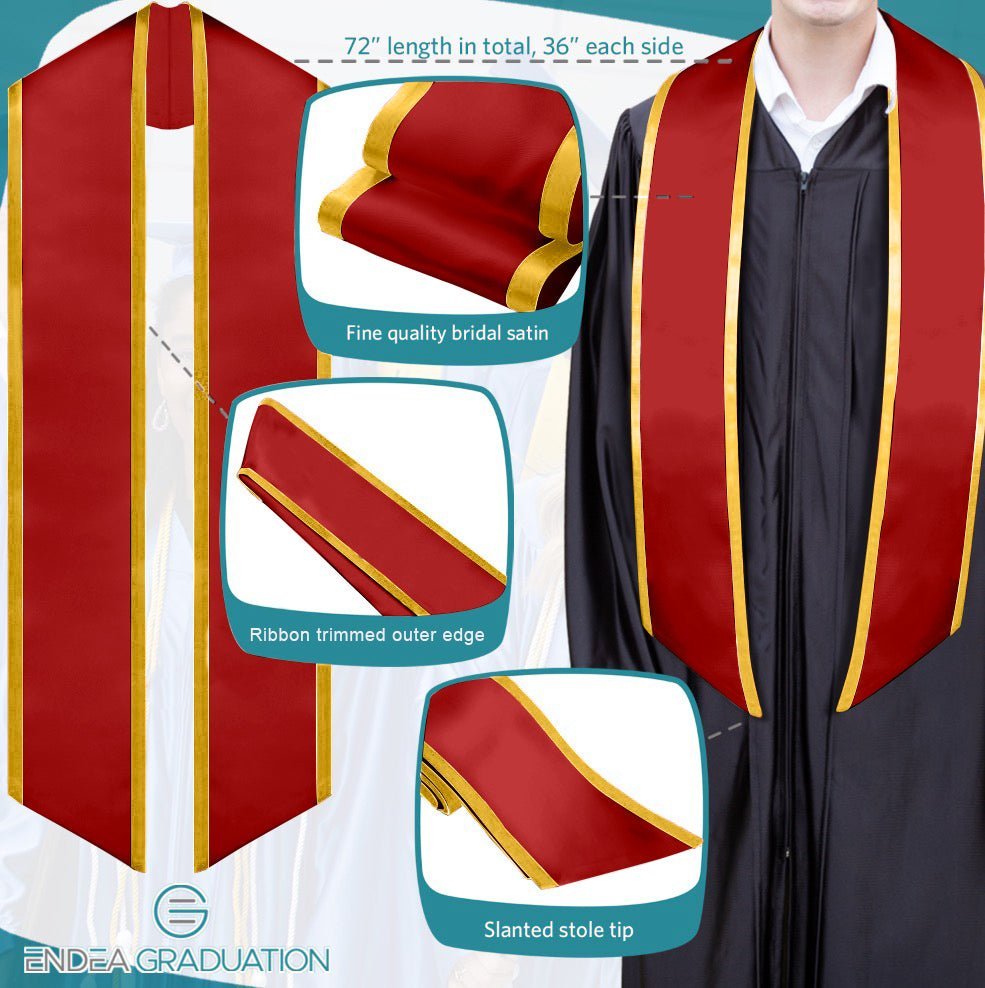 CABODYALS Étole De Graduation Rouge Satin Avec Bordure Dorée 150cm - Écharpe Remise De Diplôme Unisexe
