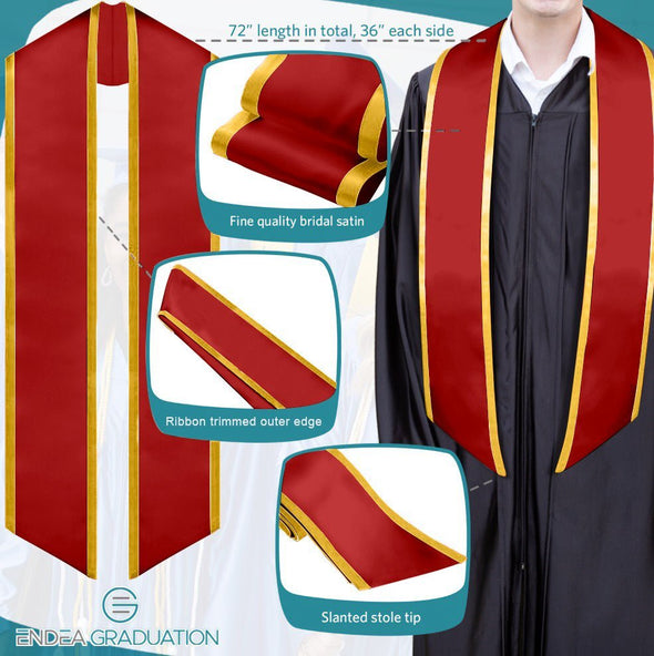 Red/Gold Plain Graduation Stole With Trim Color & Angled End - Endea Graduation