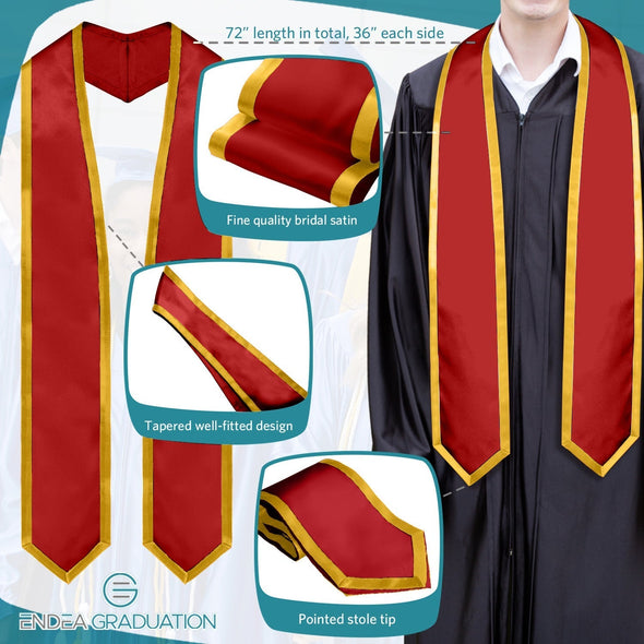 Red/Gold Plain Graduation Stole With Trim Color & Classic End - Endea Graduation