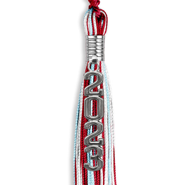 Red/Light Blue/White Graduation Tassel With Silver Stacked Date Drop - Endea Graduation