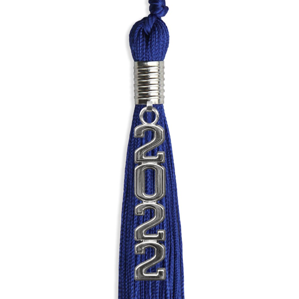 Royal Blue Graduation Tassel With Silver Stacked Date Drop - Endea Graduation