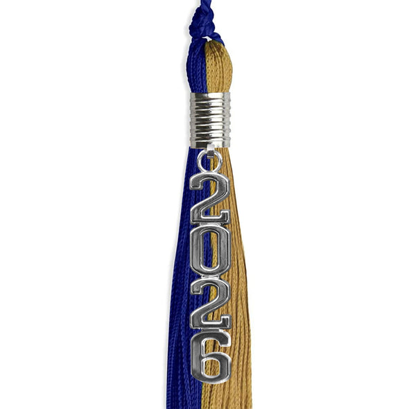 Royal Blue/Antique Gold Graduation Tassel With Silver Stacked Date Drop - Endea Graduation