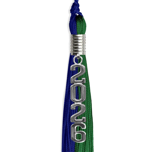 Royal Blue/Green Graduation Tassel With Silver Stacked Date Drop - Endea Graduation