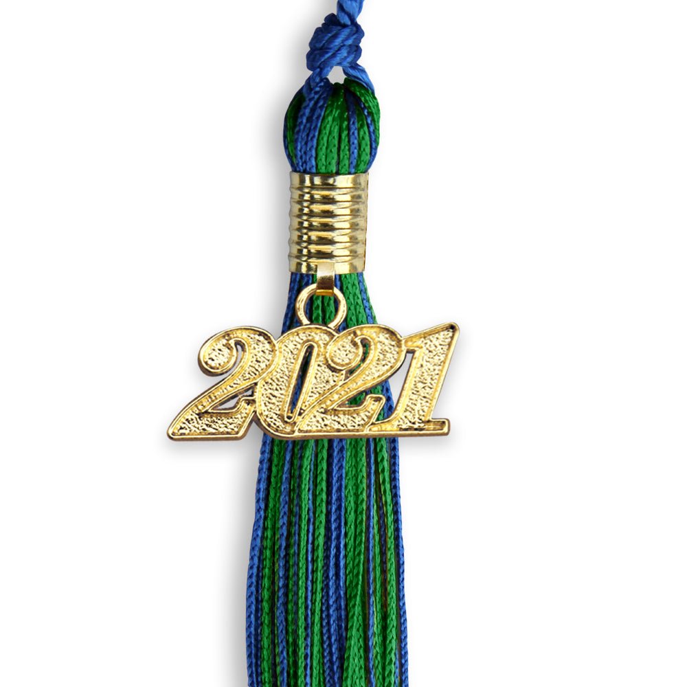 Royal Blue/Green Mixed Color Graduation Tassel With Gold Date Drop - Endea Graduation