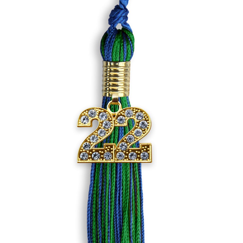 Royal Blue/Green Mixed Color Graduation Tassel With Gold Date Drop - Endea Graduation