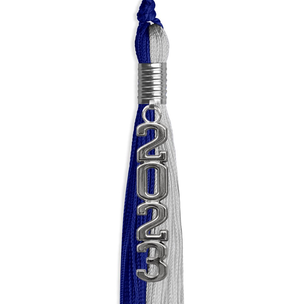 Royal Blue/Grey Graduation Tassel With Silver Stacked Date Drop - Endea Graduation