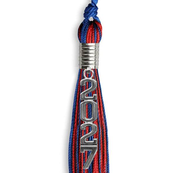 Royal Blue/Red Mixed Color Graduation Tassel With Stacked Silver Date Drop - Endea Graduation