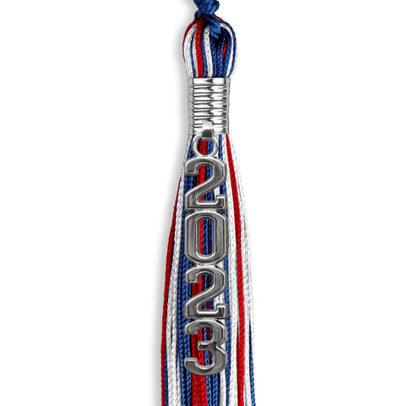 Royal Blue/Red/White Graduation Tassel With Silver Stacked Date Drop - Endea Graduation
