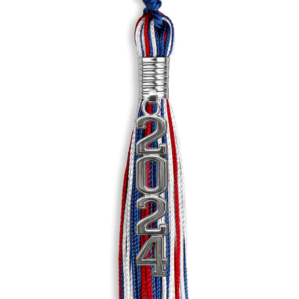 Royal Blue/Red/White Graduation Tassel With Silver Stacked Date Drop - Endea Graduation