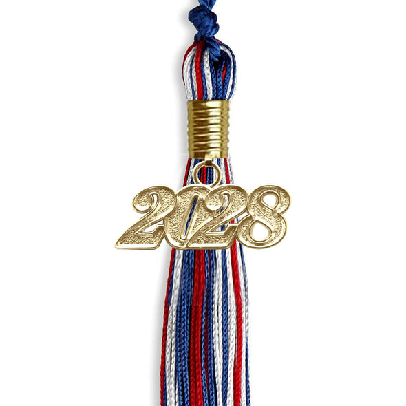 Royal Blue/Red/White Mixed Color Graduation Tassel With Gold Date Drop - Endea Graduation