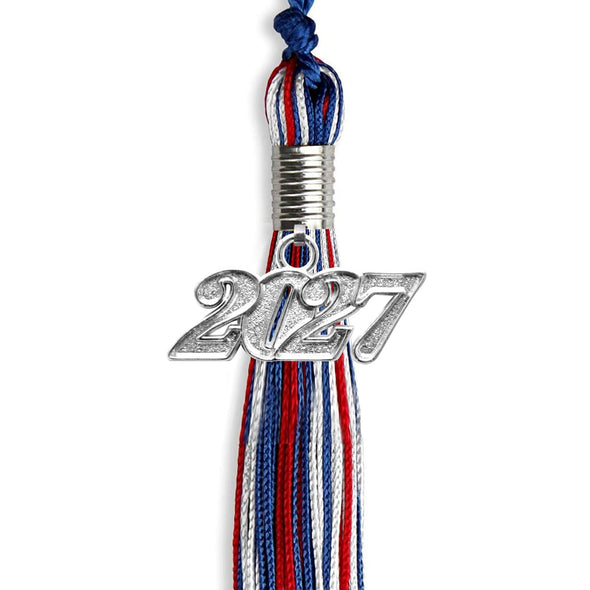 Royal Blue/Red/White Mixed Color Graduation Tassel With Silver Date Drop - Endea Graduation