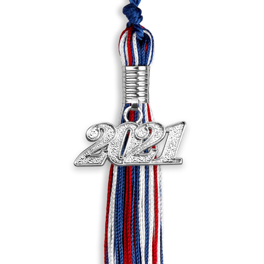 Royal Blue/Red/White Mixed Color Graduation Tassel With Silver Date Drop - Endea Graduation