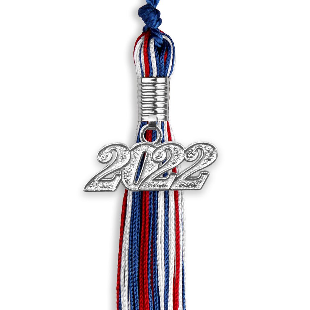 Royal Blue/Red/White Mixed Color Graduation Tassel With Silver Date Drop - Endea Graduation