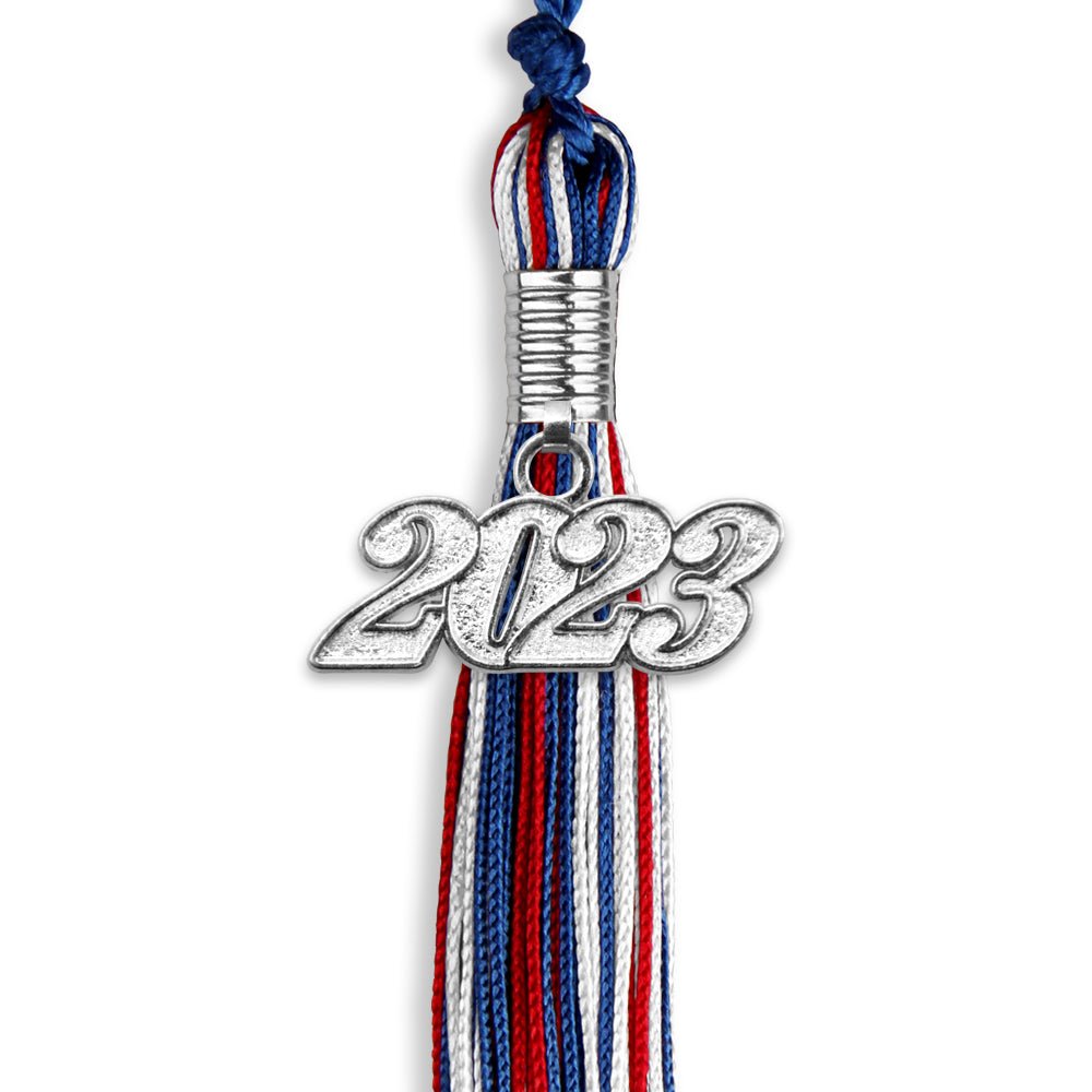 Royal Blue/Red/White Mixed Color Graduation Tassel With Silver Date Drop - Endea Graduation