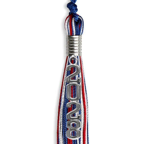 Royal Blue/Red/White Mixed Color Graduation Tassel With Silver Stacked Date Drop - Endea Graduation