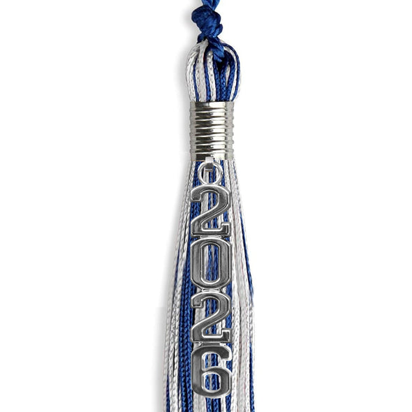 Royal Blue/Silver/White Mixed Color Graduation Tassel With Silver Stacked Date Drop - Endea Graduation