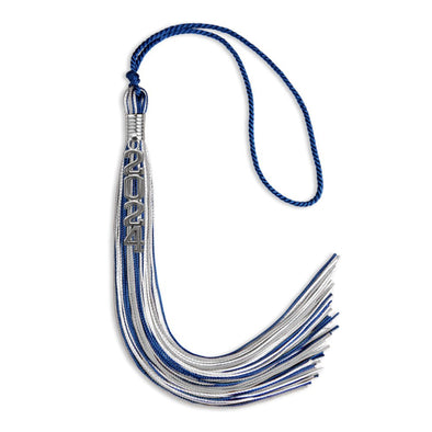 Royal Blue/Silver/White Mixed Color Graduation Tassel With Silver Stacked Date Drop - Endea Graduation