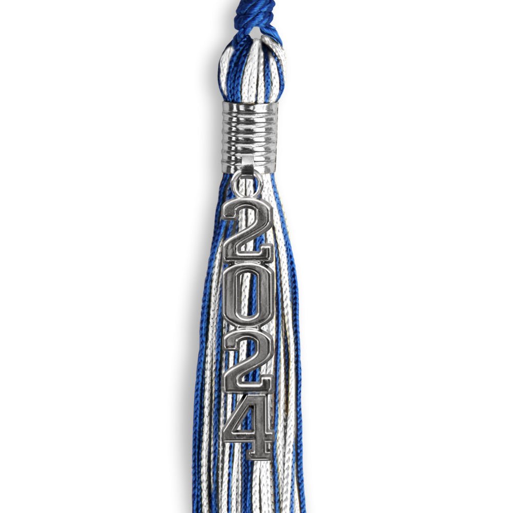 Royal Blue/White Mixed Color Graduation Tassel With Stacked Silver Date Drop - Endea Graduation