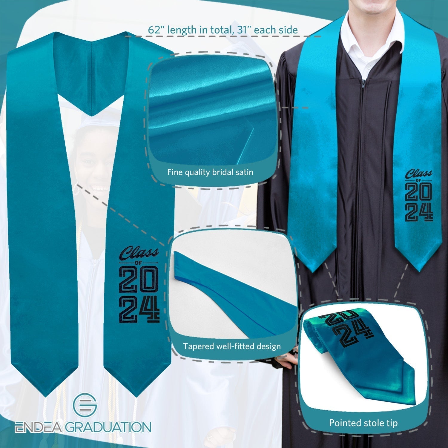 Turquoise Class of 2024 Graduation Stole/Sash With Classic Tips - Endea Graduation