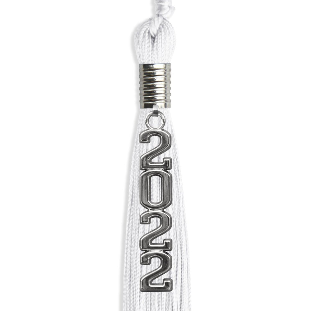 White Graduation Tassel With Silver Stacked Date Drop - Endea Graduation