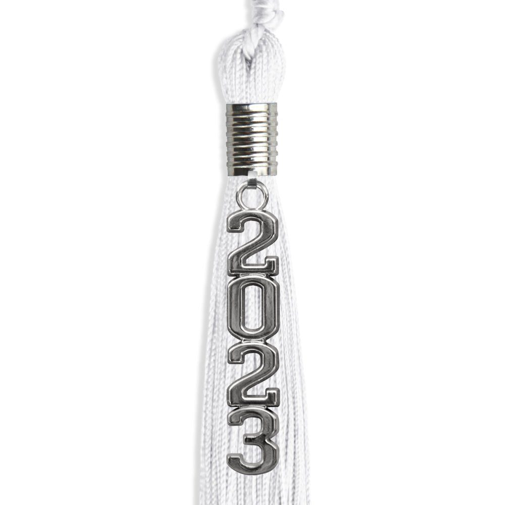 White Graduation Tassel With Silver Stacked Date Drop - Endea Graduation