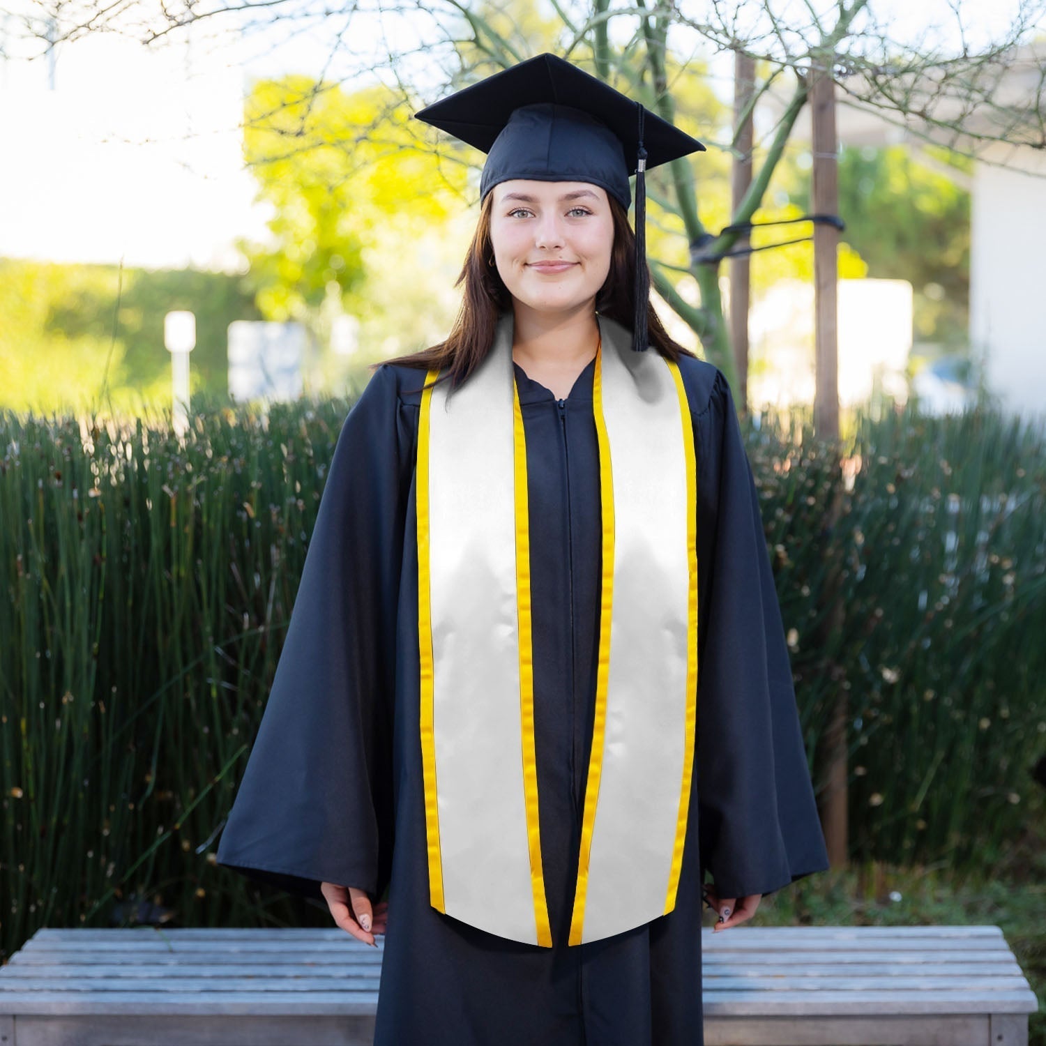 White/Gold Plain Graduation Stole With Trim Color & Angled End - Endea Graduation