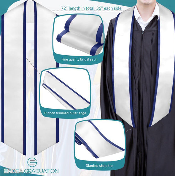 White/Navy Blue Plain Graduation Stole With Trim Color & Angled End - Endea Graduation