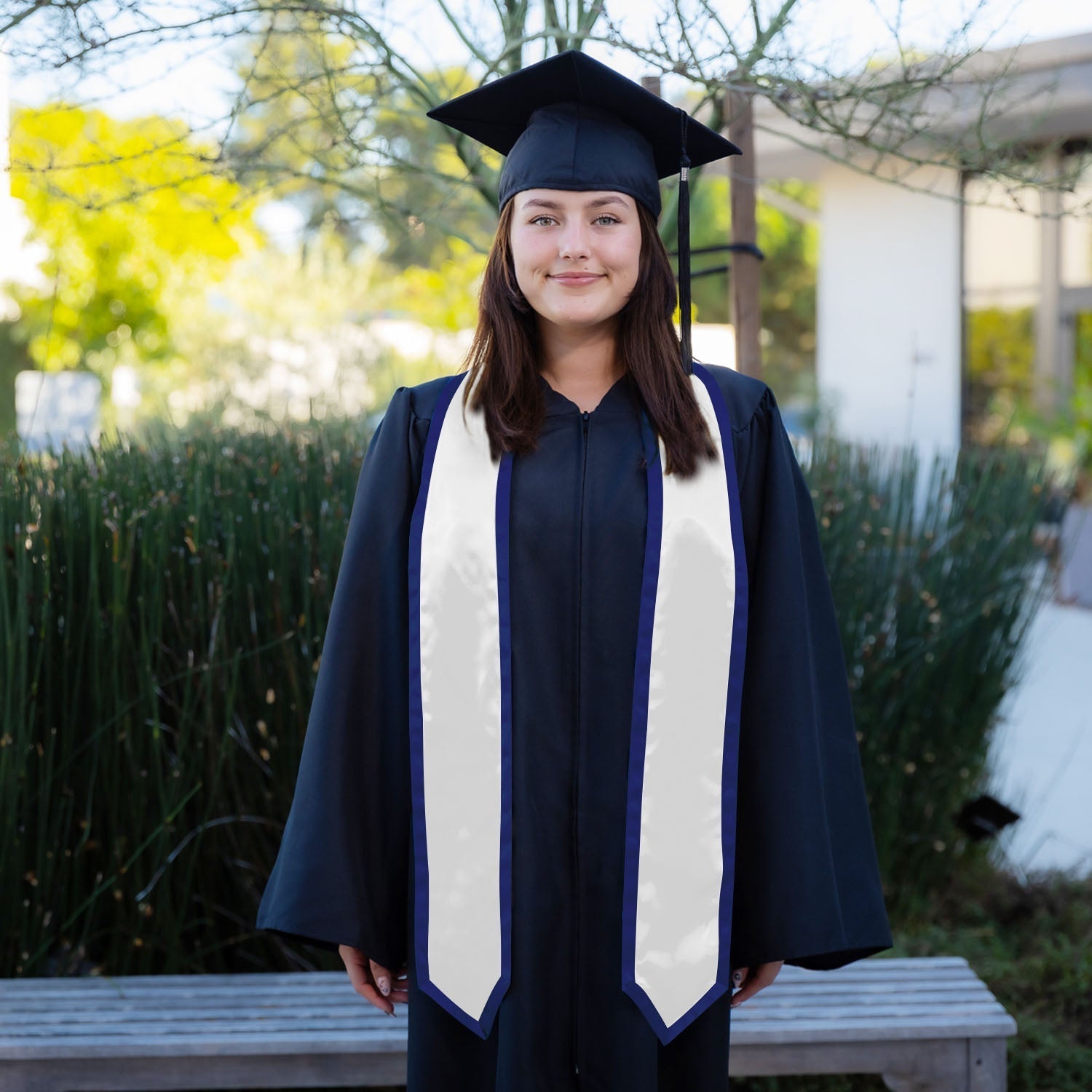 White/Navy Blue Plain Graduation Stole With Trim Color & Classic End - Endea Graduation