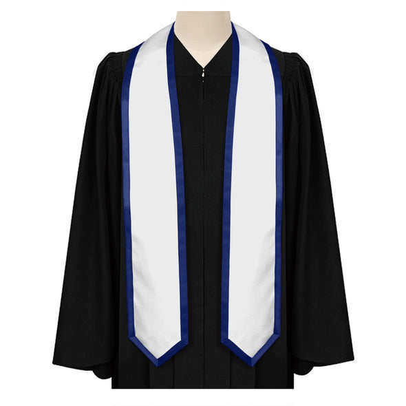 White/Navy Blue Plain Graduation Stole With Trim Color & Classic End - Endea Graduation