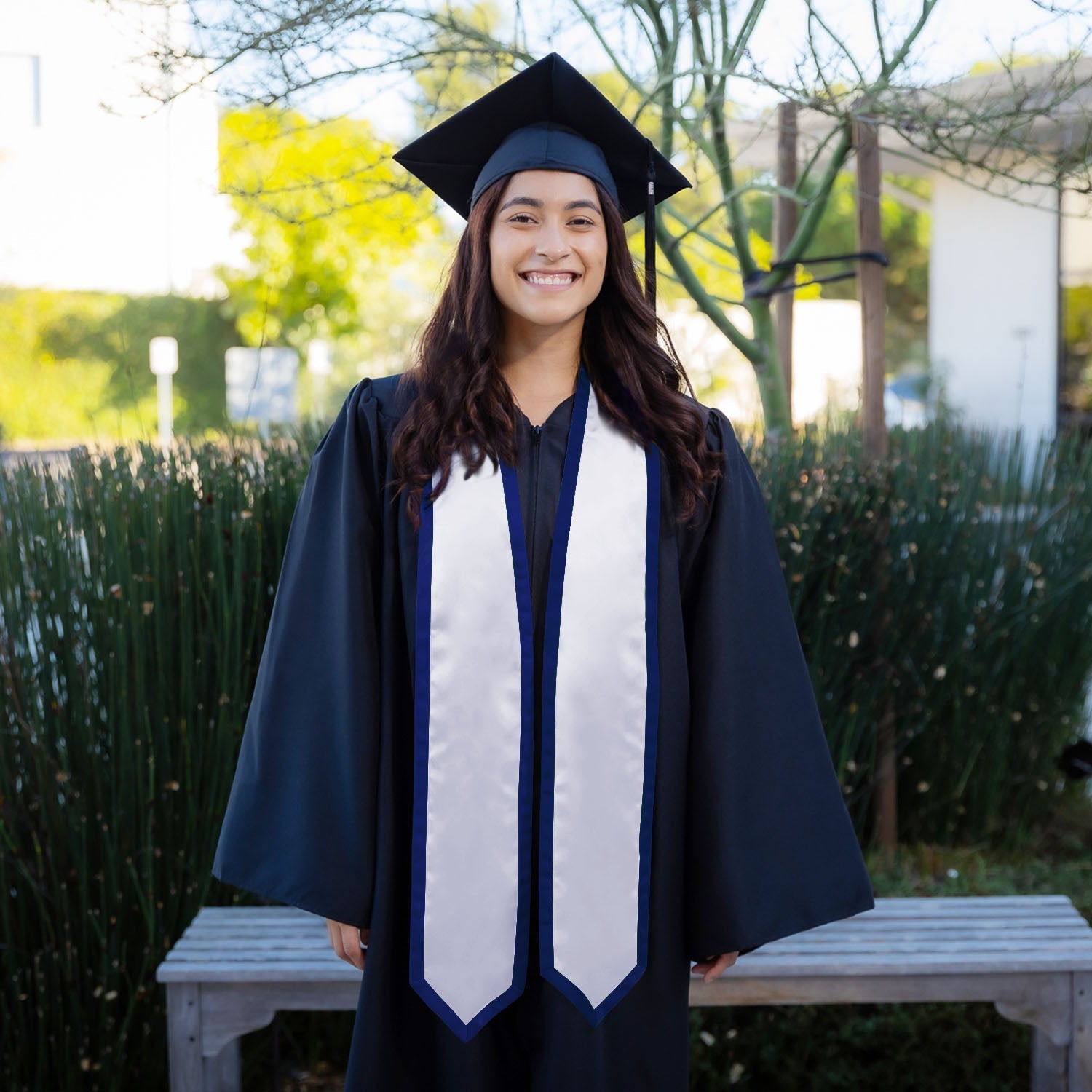 White/Navy Blue Plain Graduation Stole With Trim Color & Classic End - Endea Graduation