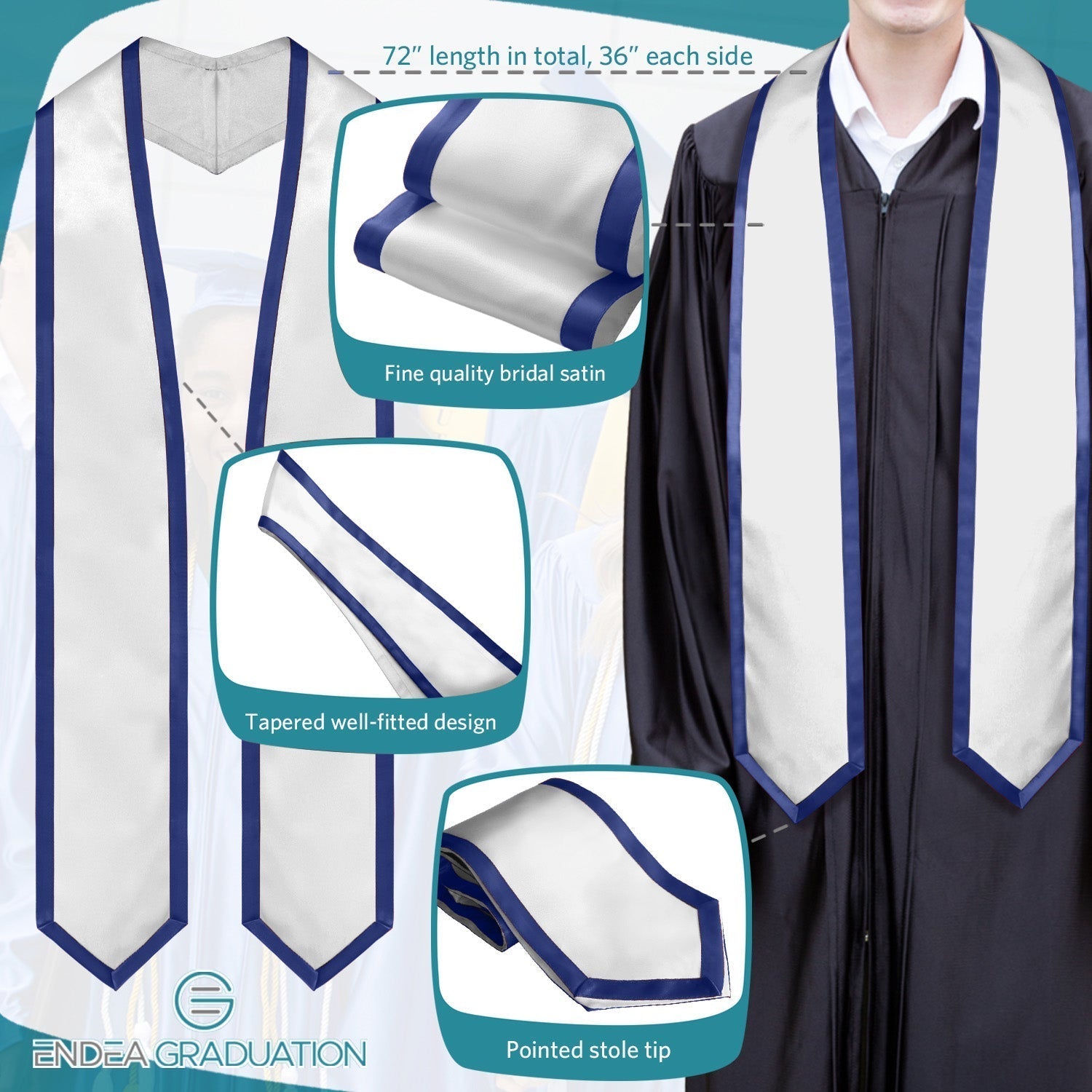 White/Navy Blue Plain Graduation Stole With Trim Color & Classic End - Endea Graduation