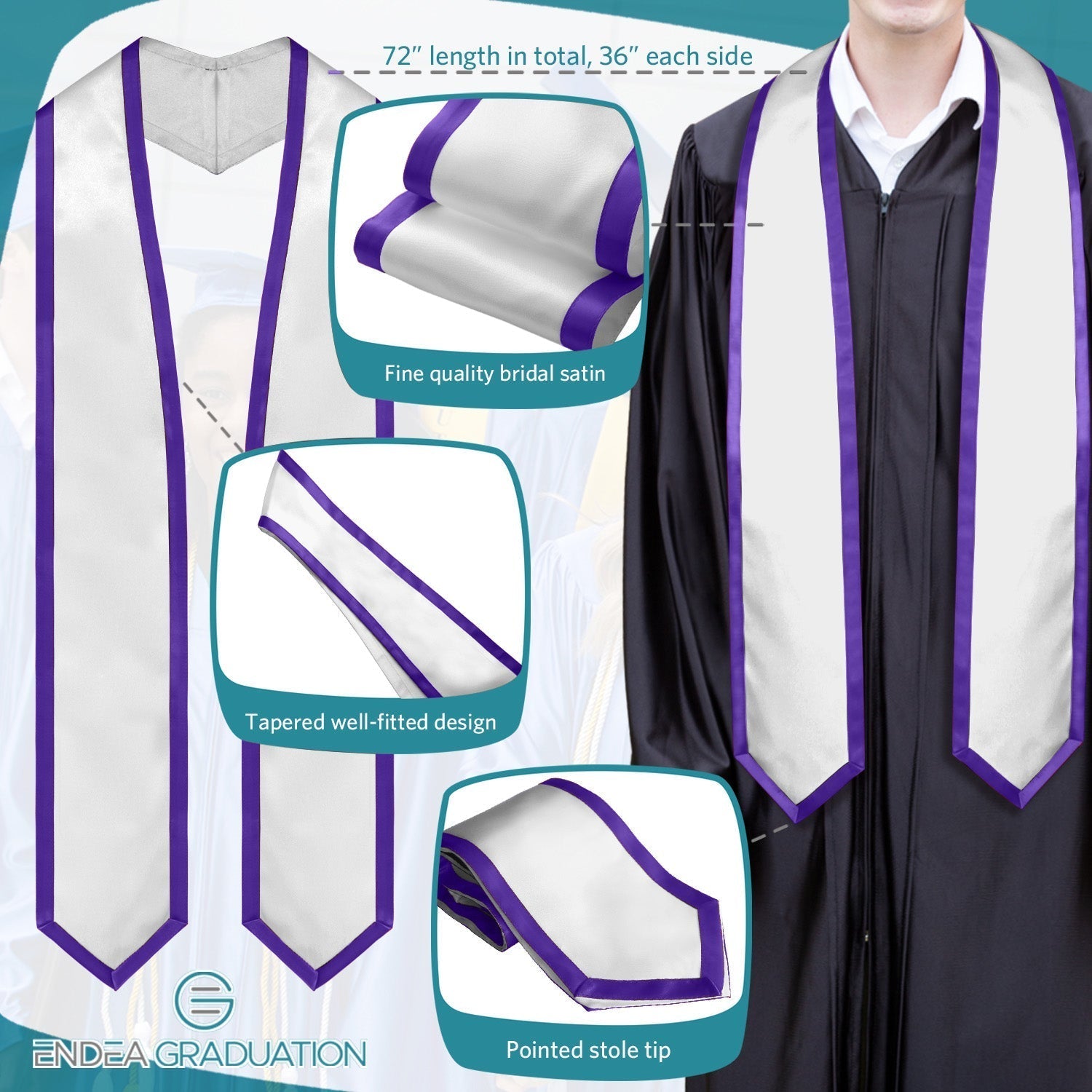 White/Purple Plain Graduation Stole With Trim Color & Classic End - Endea Graduation