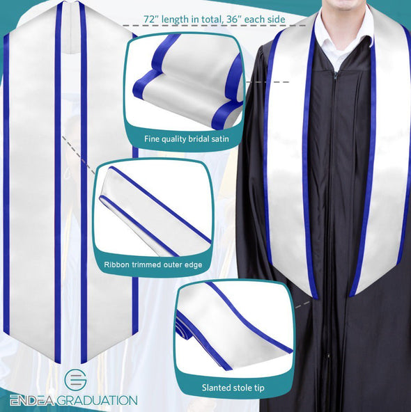 White/Royal Blue Plain Graduation Stole With Trim Color & Angled End - Endea Graduation