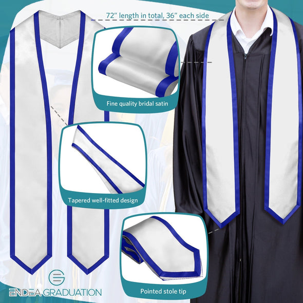 White/Royal Blue Plain Graduation Stole With Trim Color & Classic End - Endea Graduation