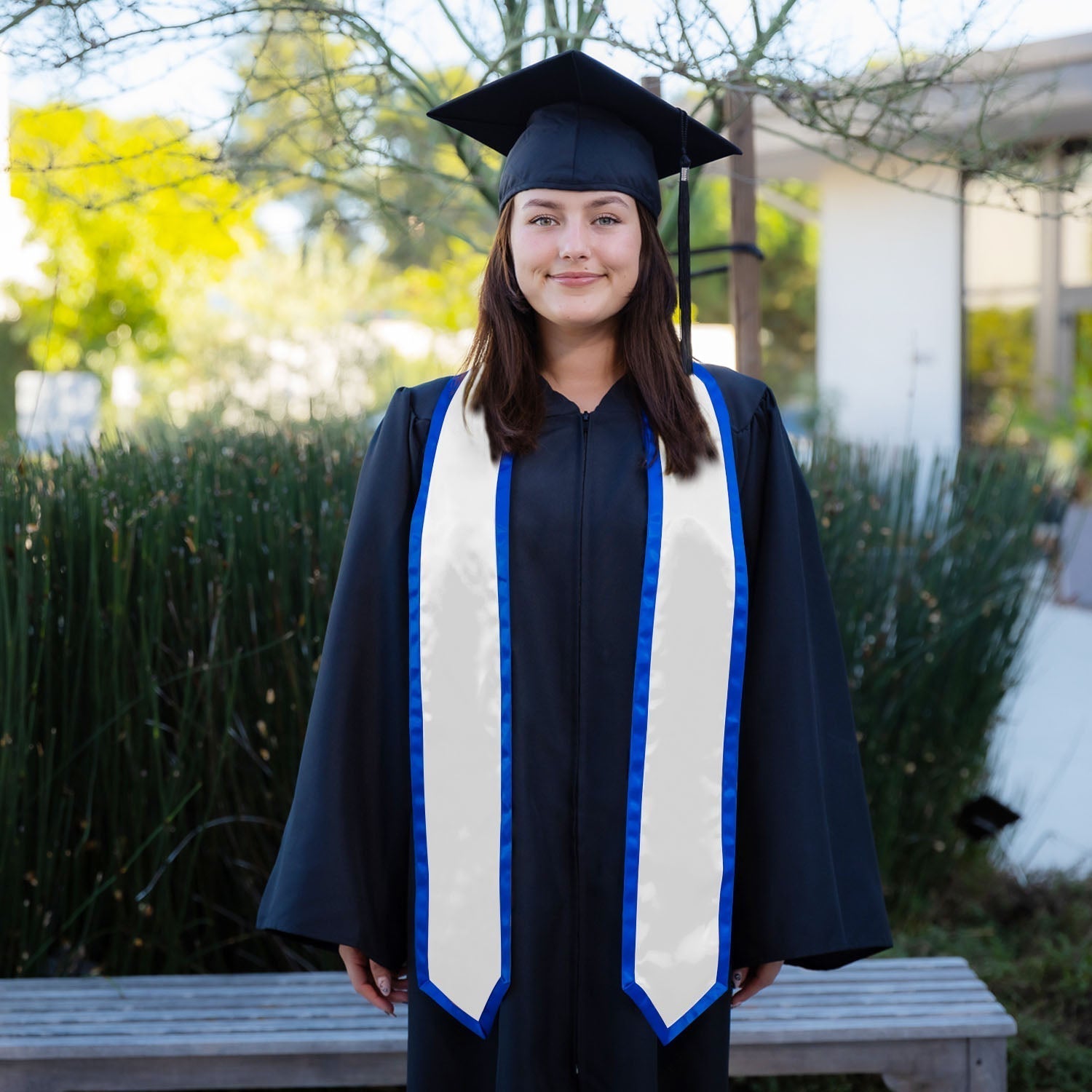 White/Royal Blue Plain Graduation Stole With Trim Color & Classic End - Endea Graduation